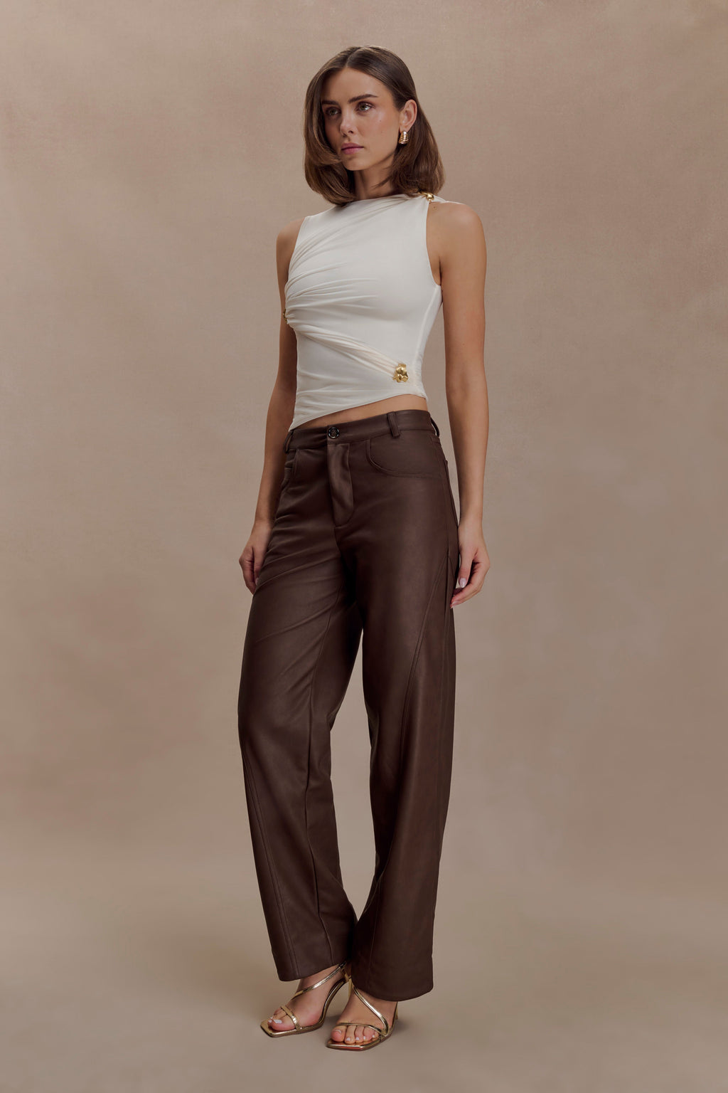 Theo Faux Leather Mid Rise Pants - Dark Chocolate