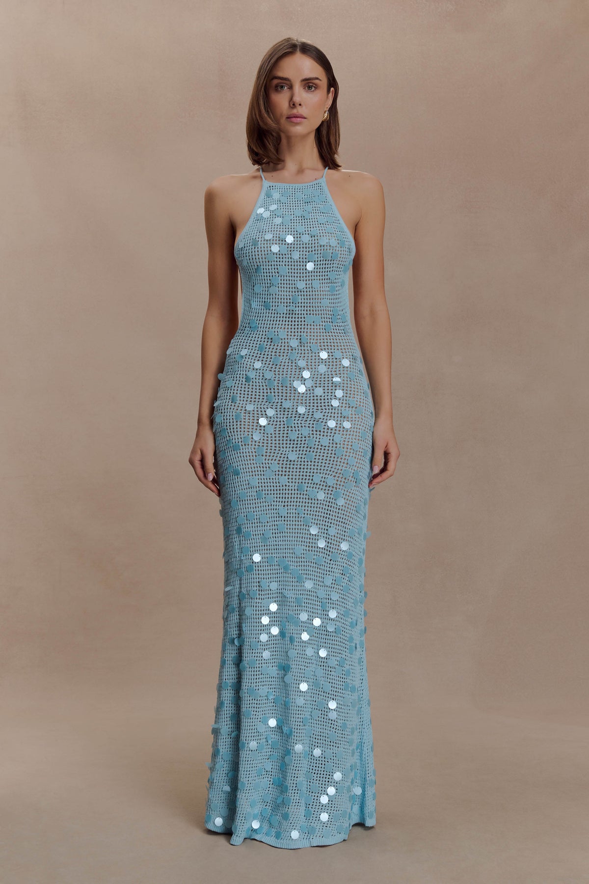 Carmen Crochet Sequin Maxi Open Back Dress - Blue
