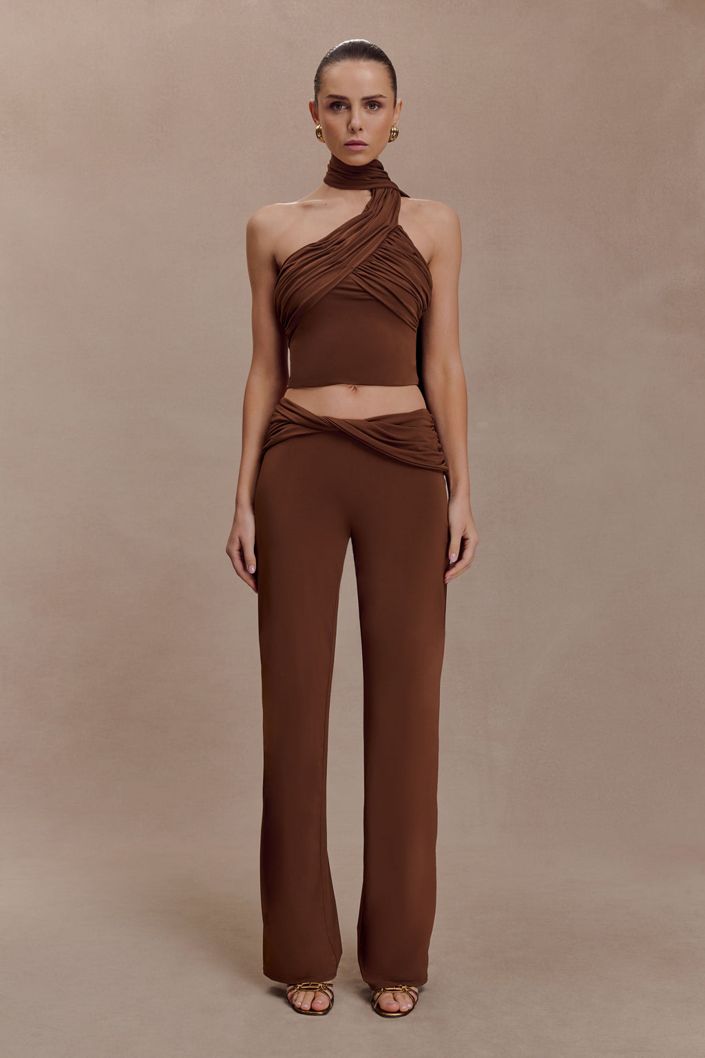 Lydia Slinky Asymmetrical Halter Top - Chocolate