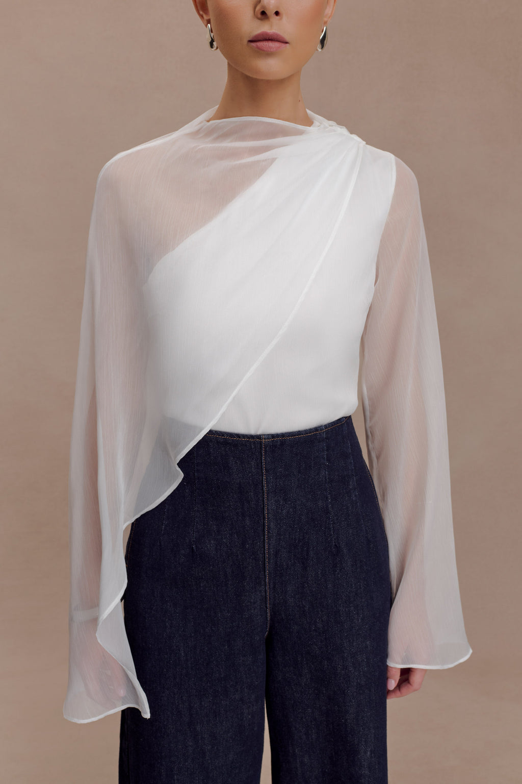 Ida Sheer Asymmetrical Long Sleeve Cape - White