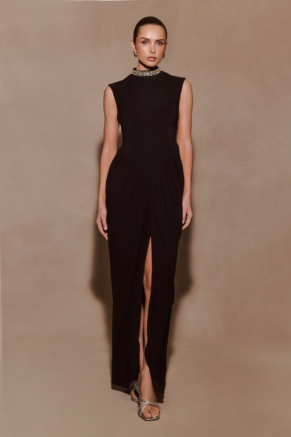 Elisa Diamante Neck Maxi Dress - Black
