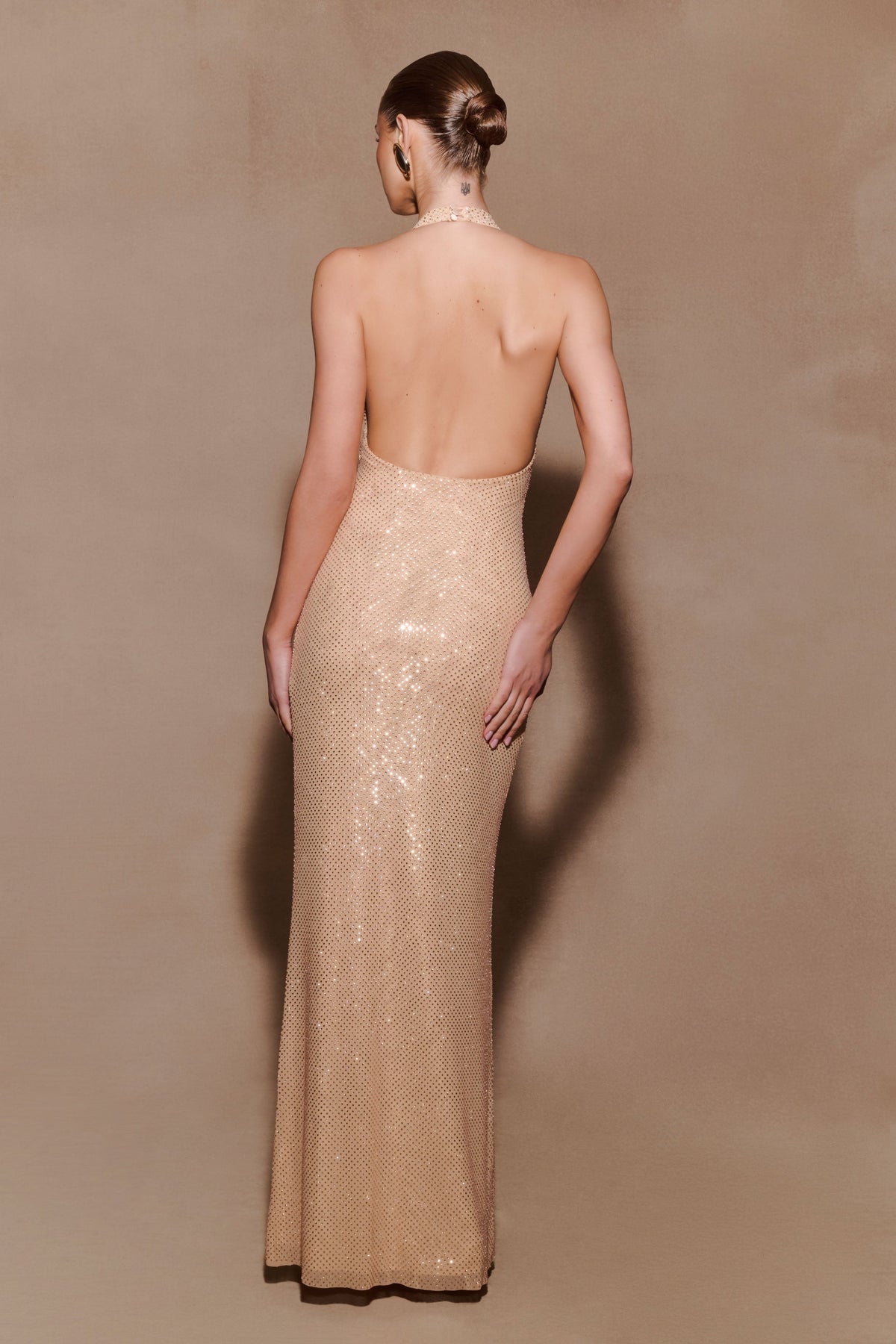 Harriet Halter Neck Diamante Maxi Dress - Sandy Gold