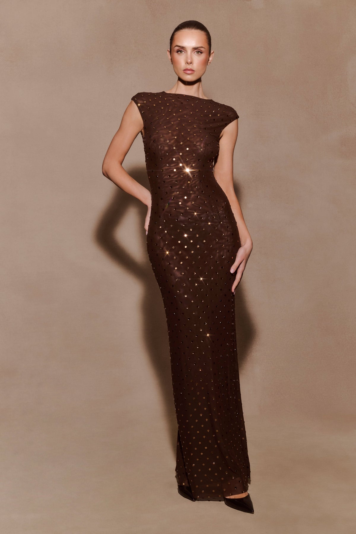 Samara Sleeveless Diamante Maxi Dress - Chocolate