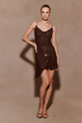 Zahra Diamante Cowl Mini Dress - Chocolate