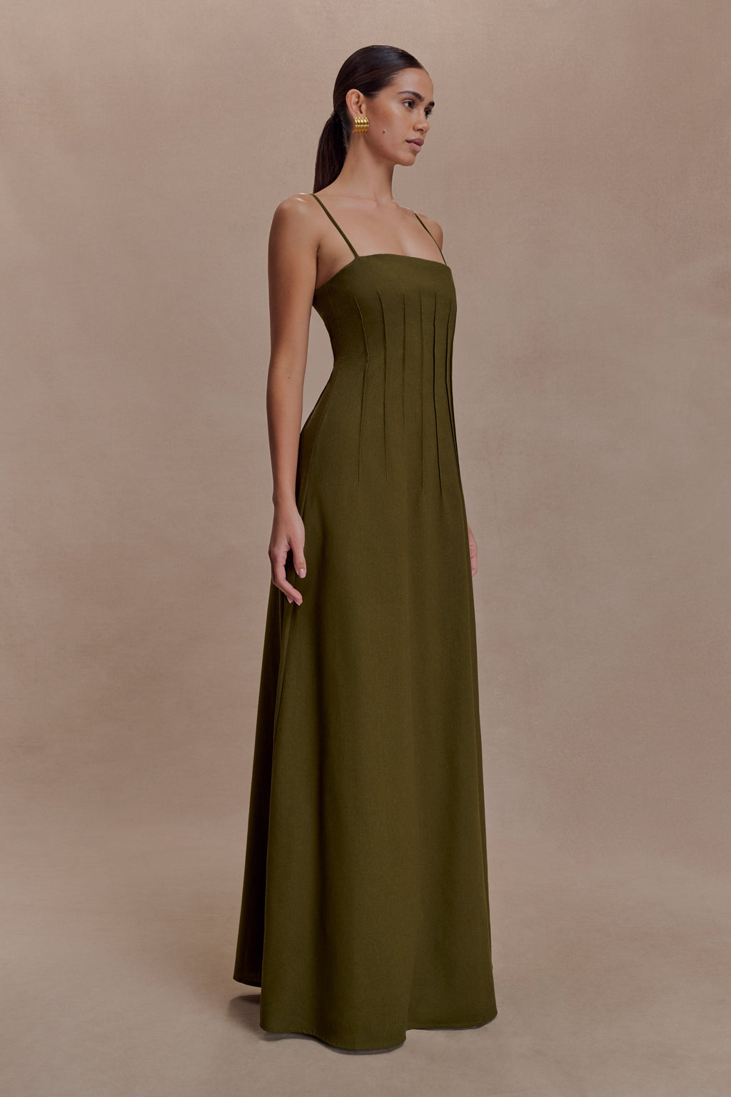 Sofie Pintuck Linen Maxi Dress - Khaki