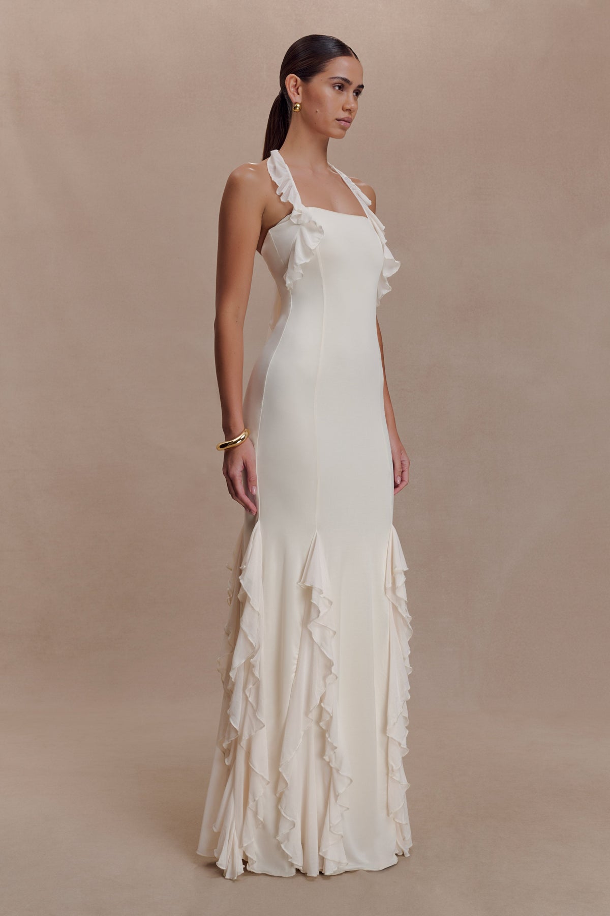 Etta Ruffle Slinky Maxi Dress - Ivory