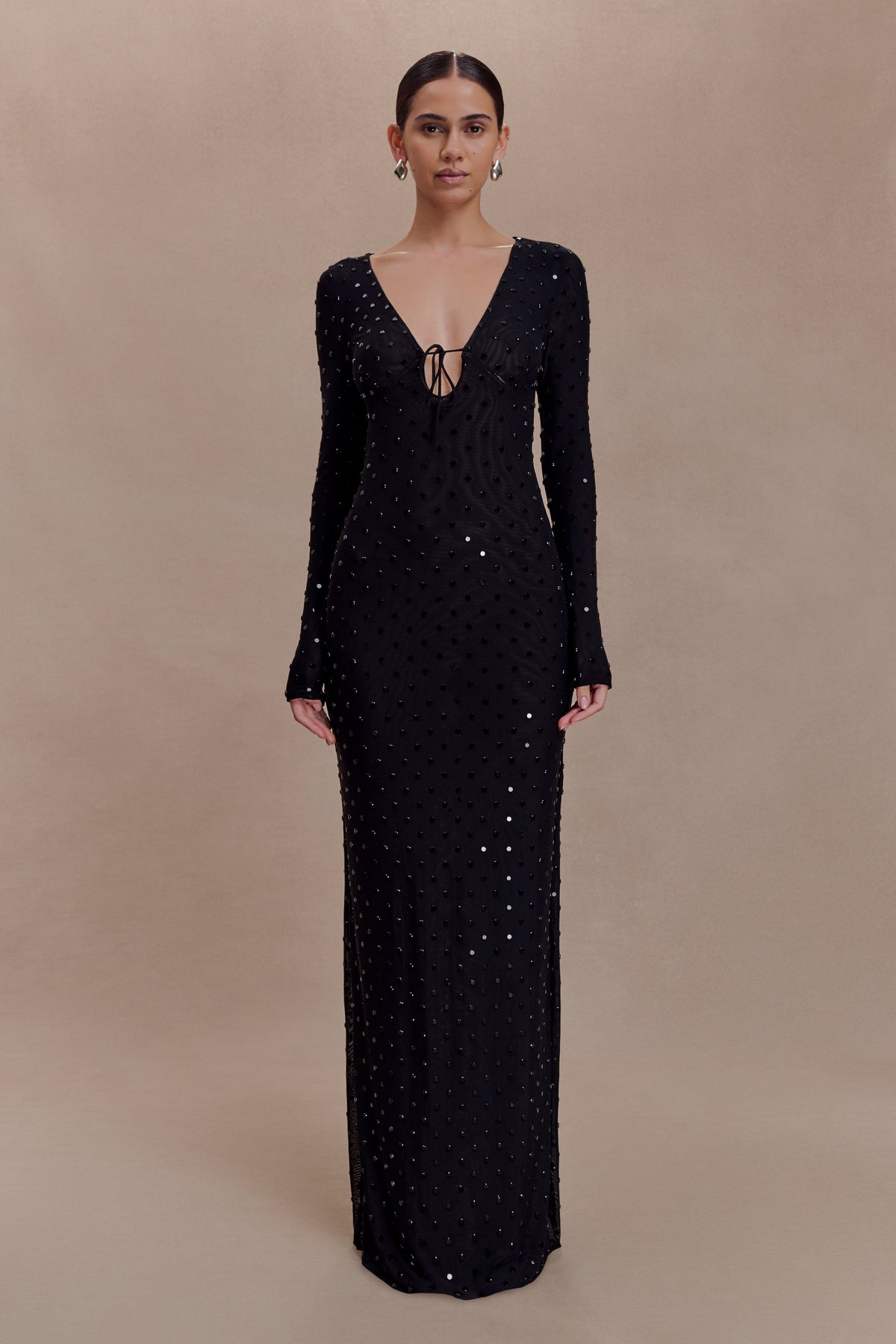 Acadia Diamante Long Sleeve Maxi Dress - Black
