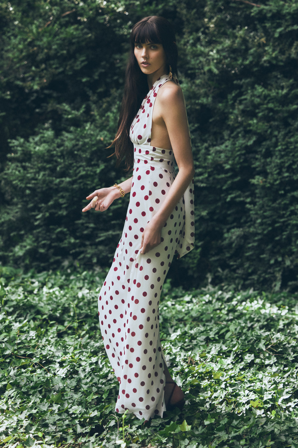 Nadine Halter Chiffon Maxi Dress - Ivory/Merlot Polka Dot