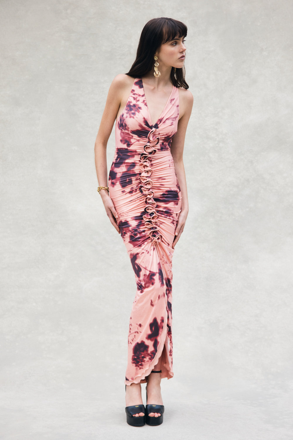 Alessandra Slinky Ruffle Maxi Dress - Pink Blurred Floral Print
