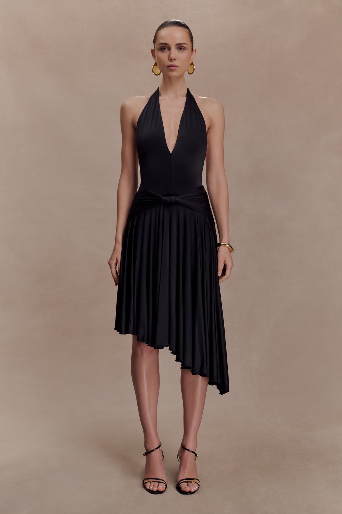Zelda Asymmetric Slinky Midi Dress - Black