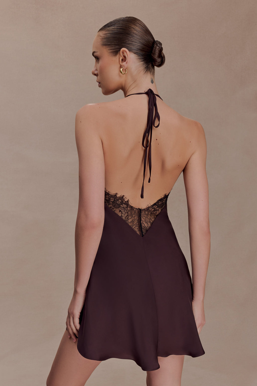 Regina Halter Lace And Satin Mini Dress - Chocolate