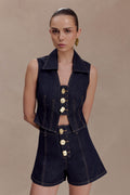 Shona Denim Vest With Decorative Buttons - Washed Indigo Blue