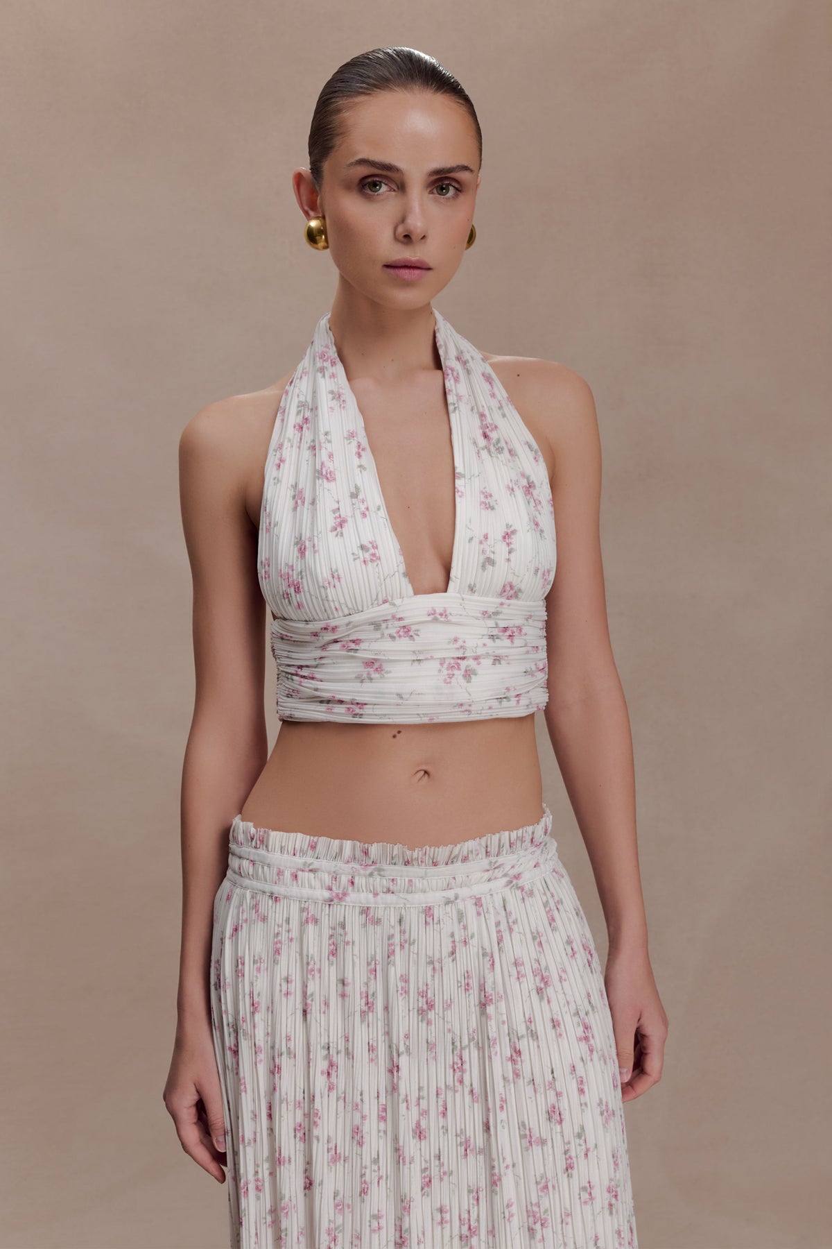 Amaris Sleeveless Plisse Halter Top - Floral Ditsy Print