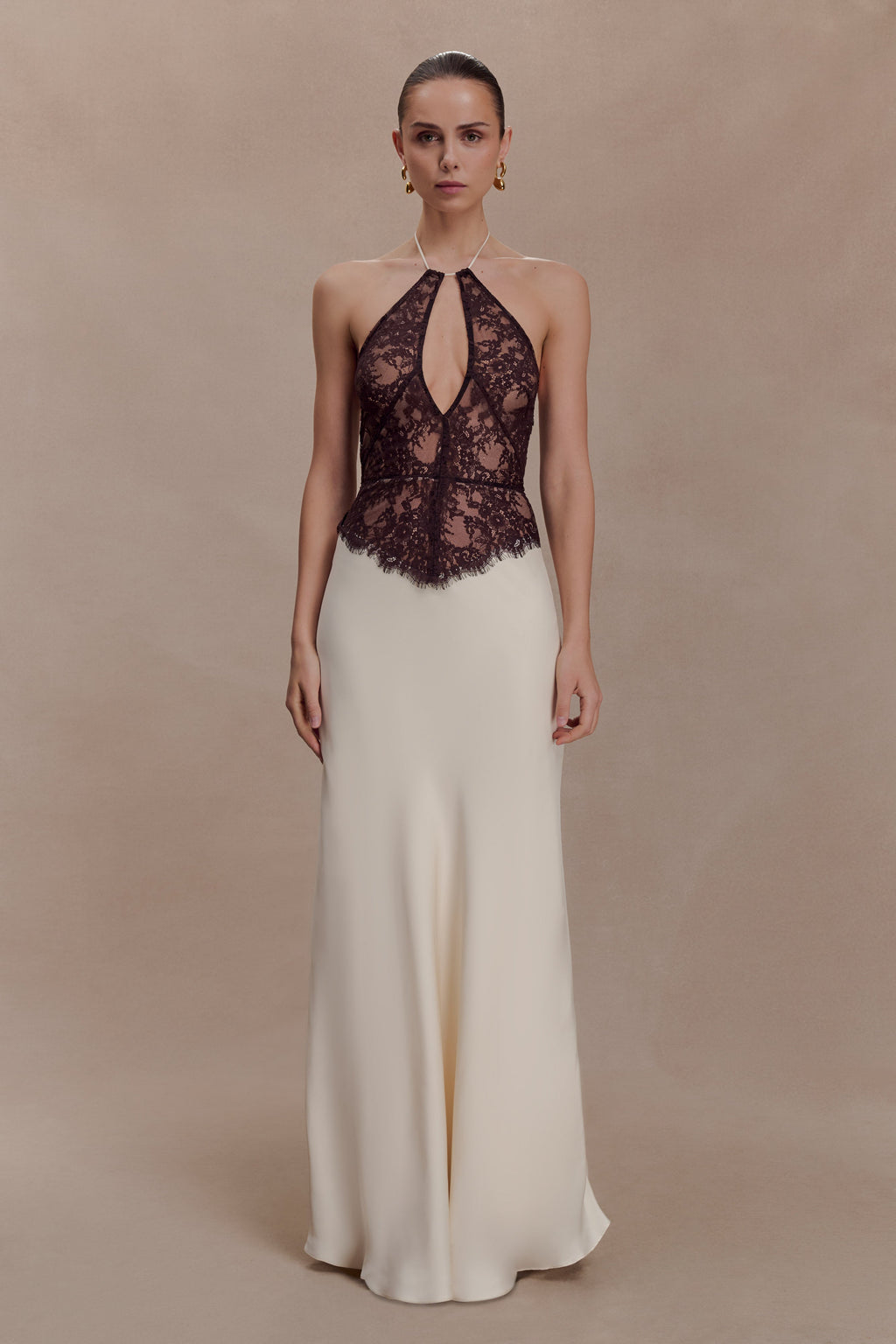 Sascha Lace And Satin Halter Maxi Dress - Ivory/Chocolate
