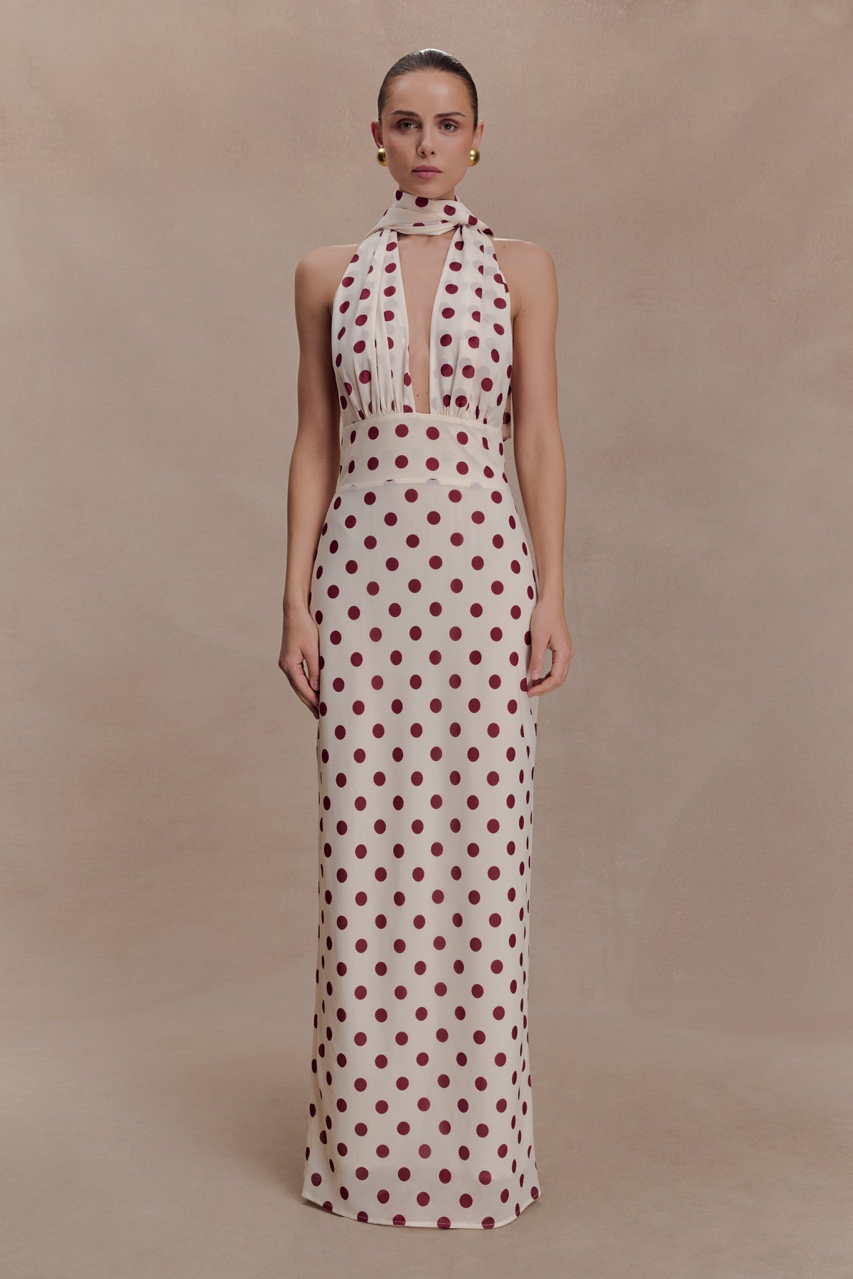 Nadine Halter Chiffon Maxi Dress - Ivory/Merlot Polka Dot