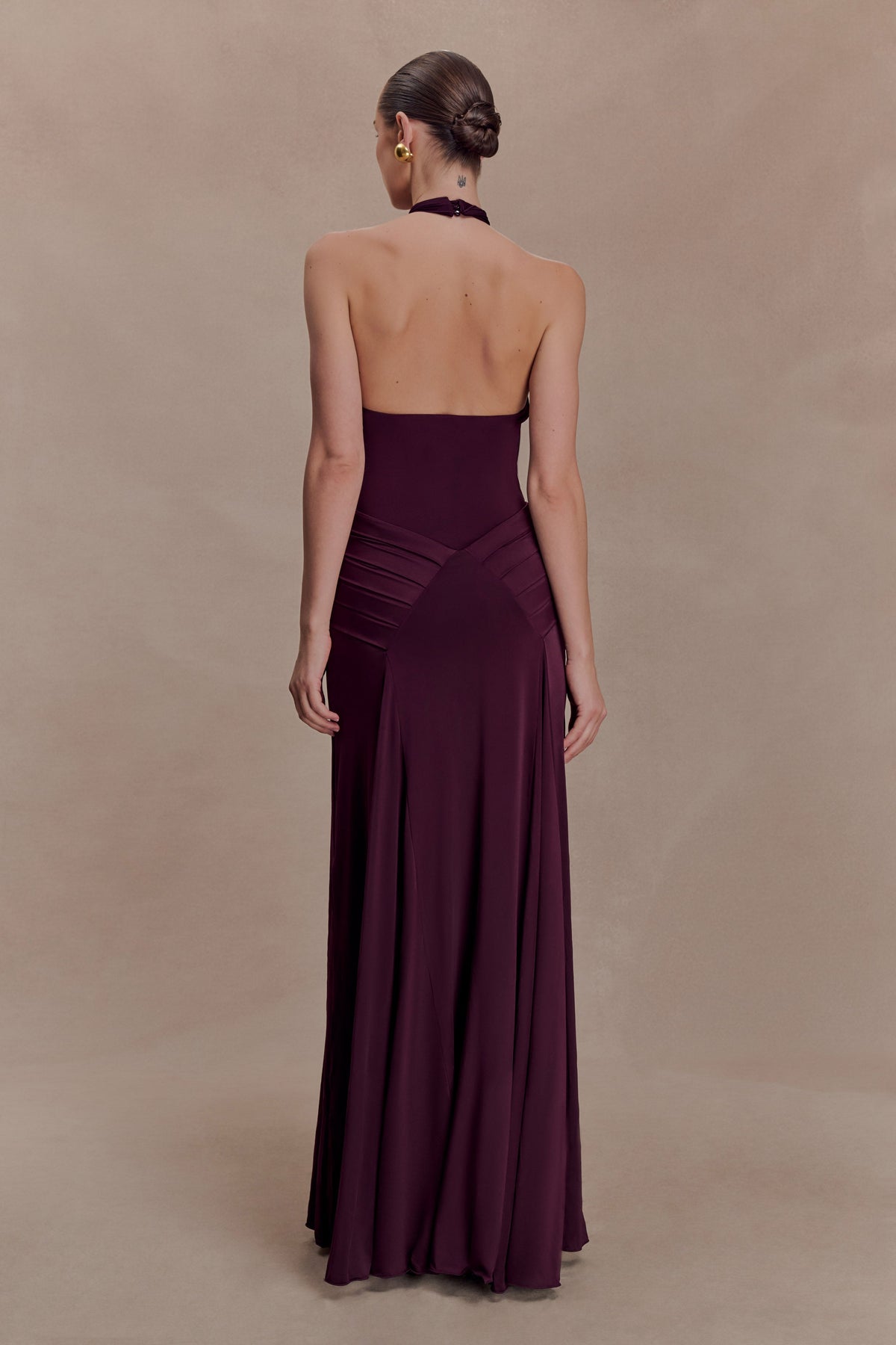 Indira Gathered Slinky Halter Maxi Dress - Mahogany