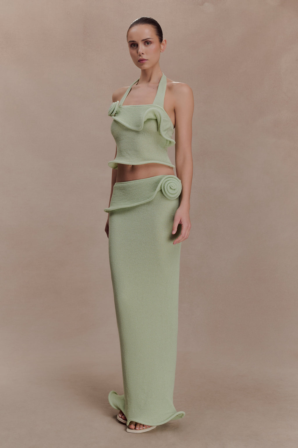 Samira Halter Knit Twist Top - Pastel Green