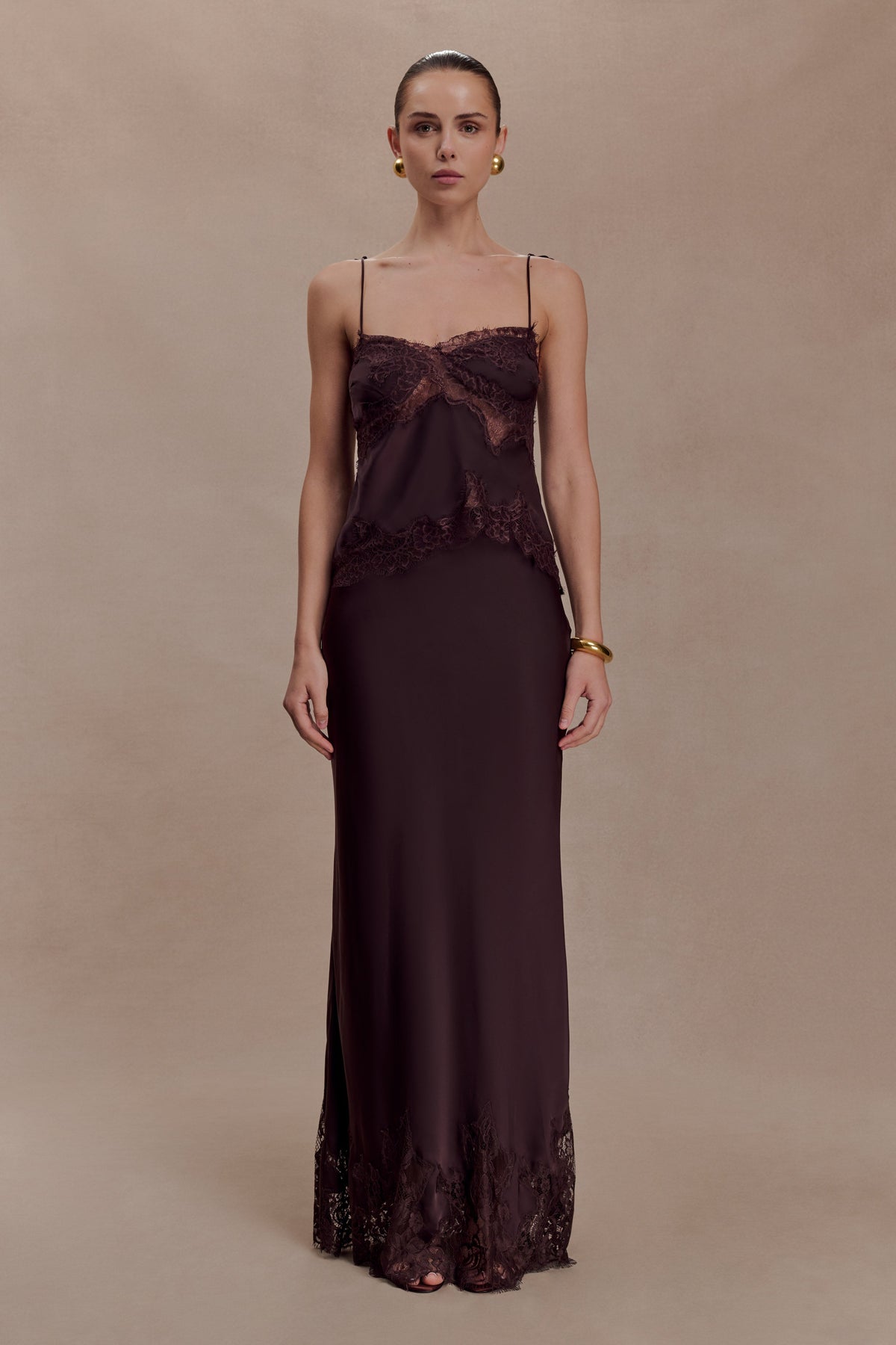 Nina Satin And Lace Maxi Skirt - Chocolate