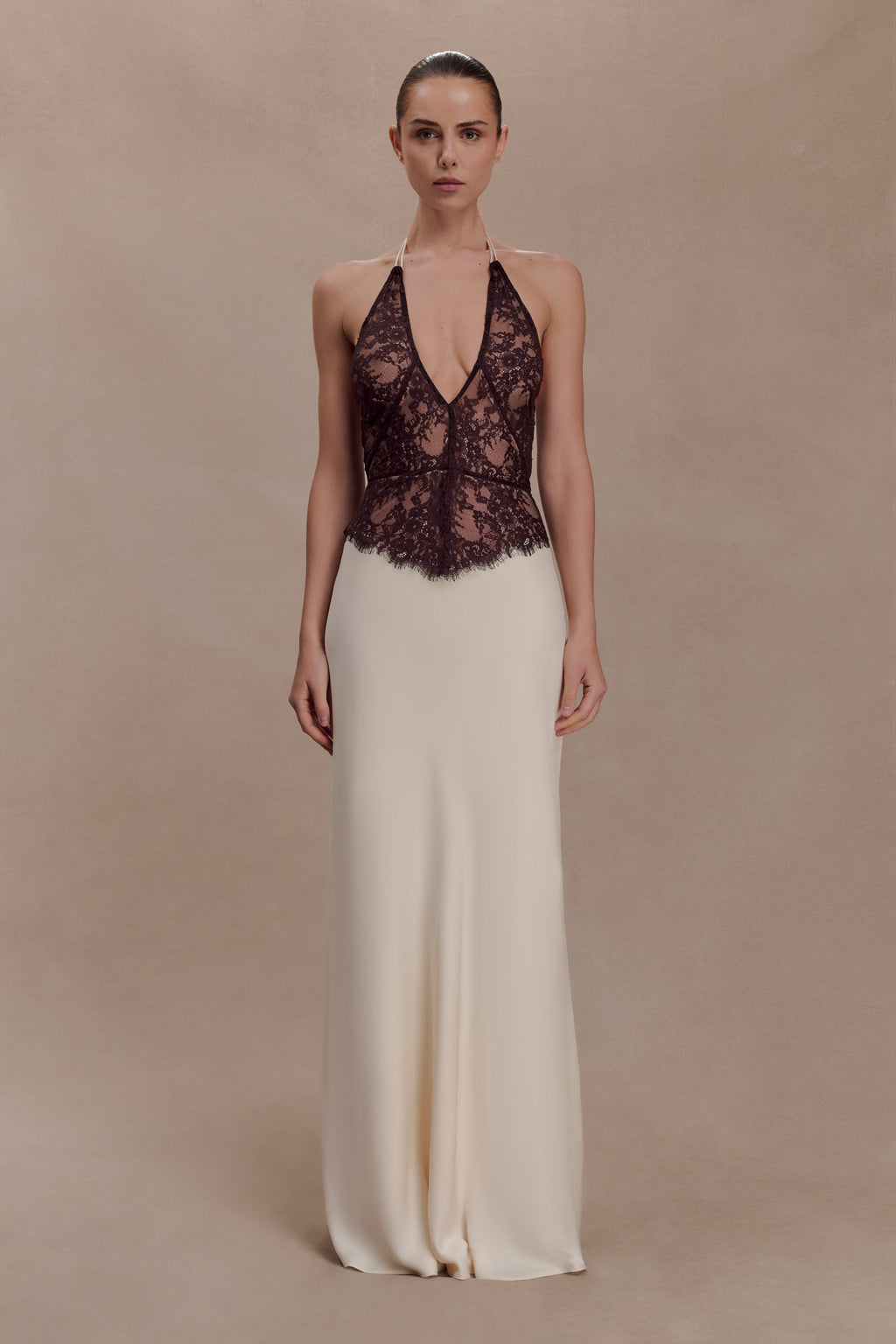 Sascha Lace And Satin Halter Maxi Dress - Ivory/Chocolate