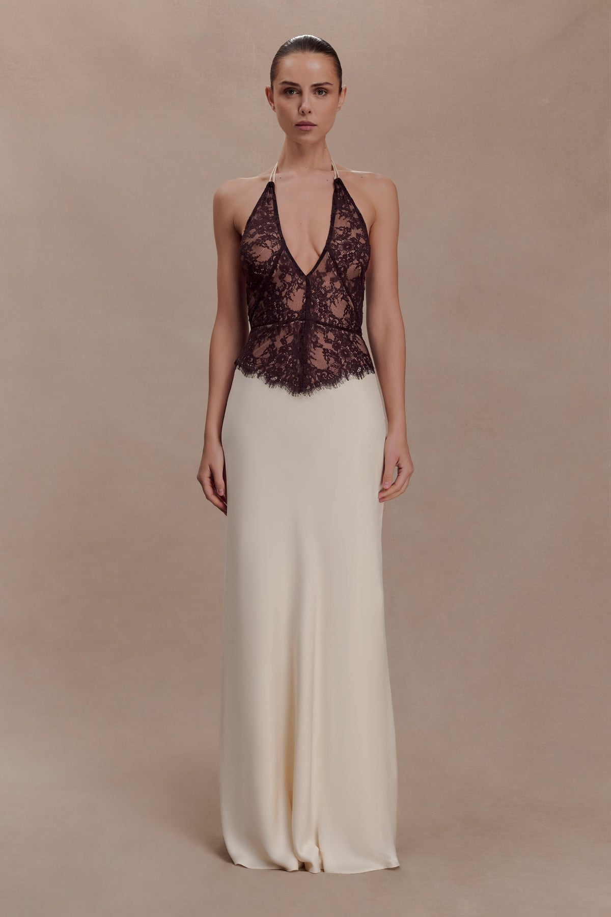 Sascha Lace And Satin Halter Maxi Dress - Ivory/Chocolate