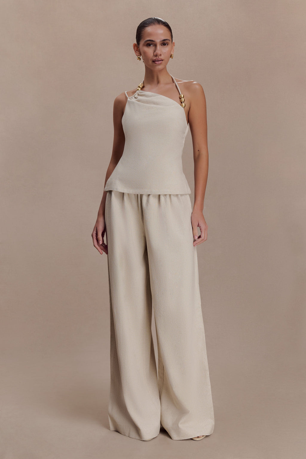 Gabby Asymmetrical Neckline Linen Beaded Top - Natural