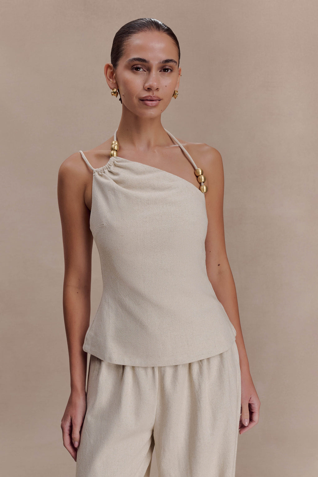 Gabby Asymmetrical Neckline Linen Beaded Top - Natural