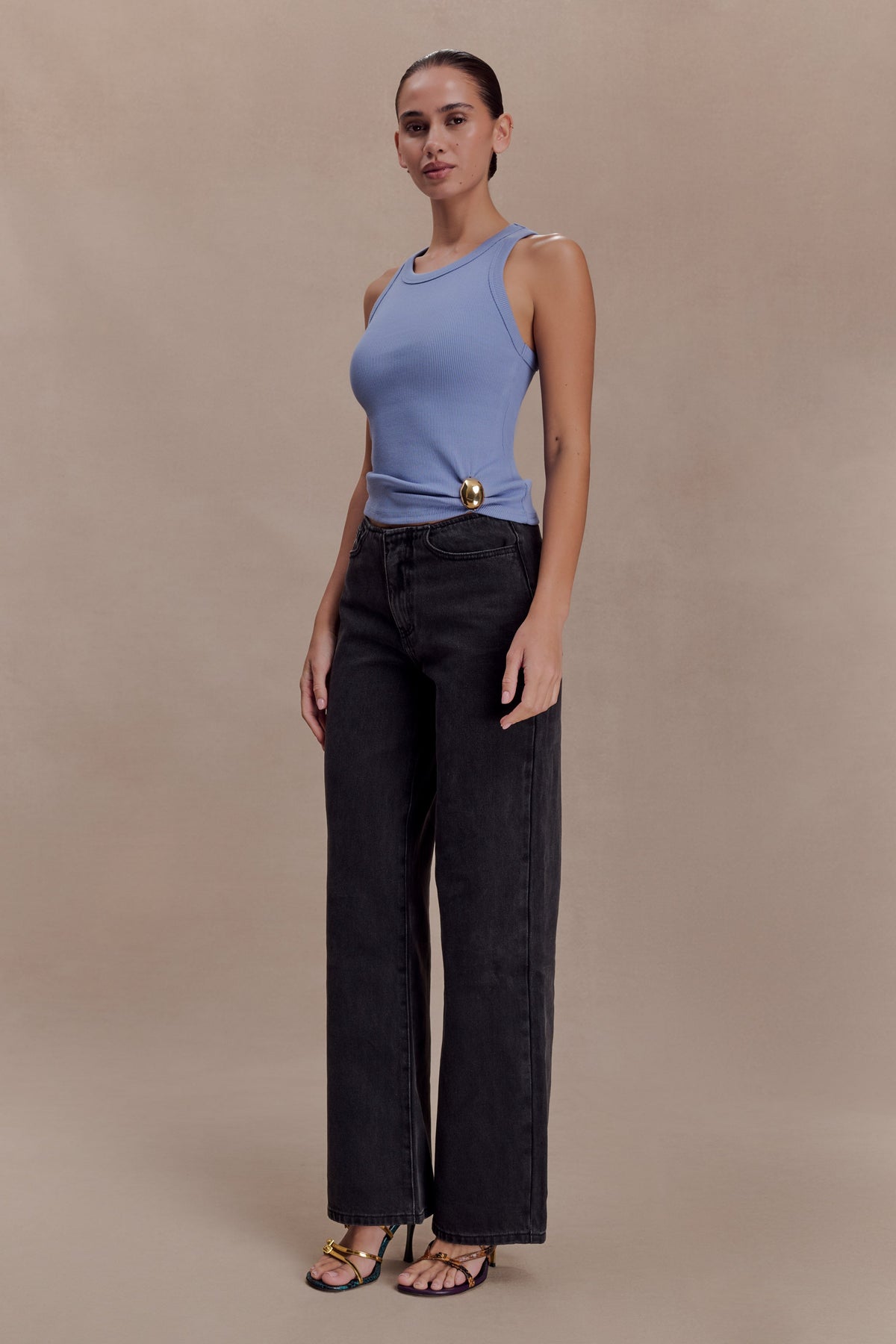 Lola Ribbed Sleeveless Top With Hardware - Cornflower Blue