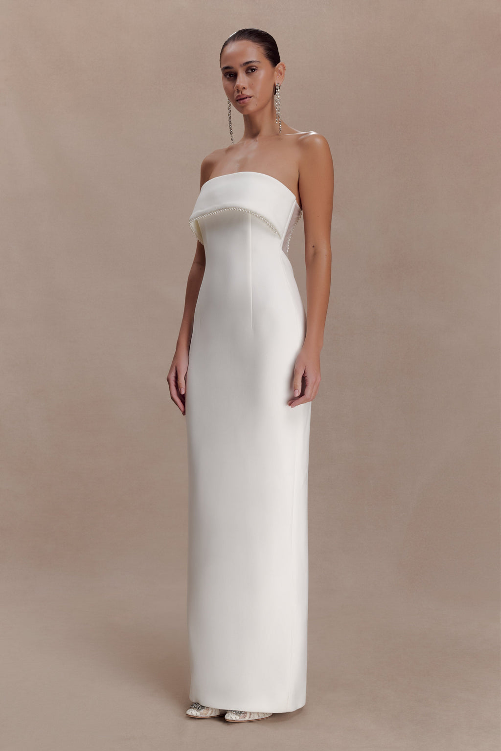 Sloane Strapless Maxi Dress With Pearls - White