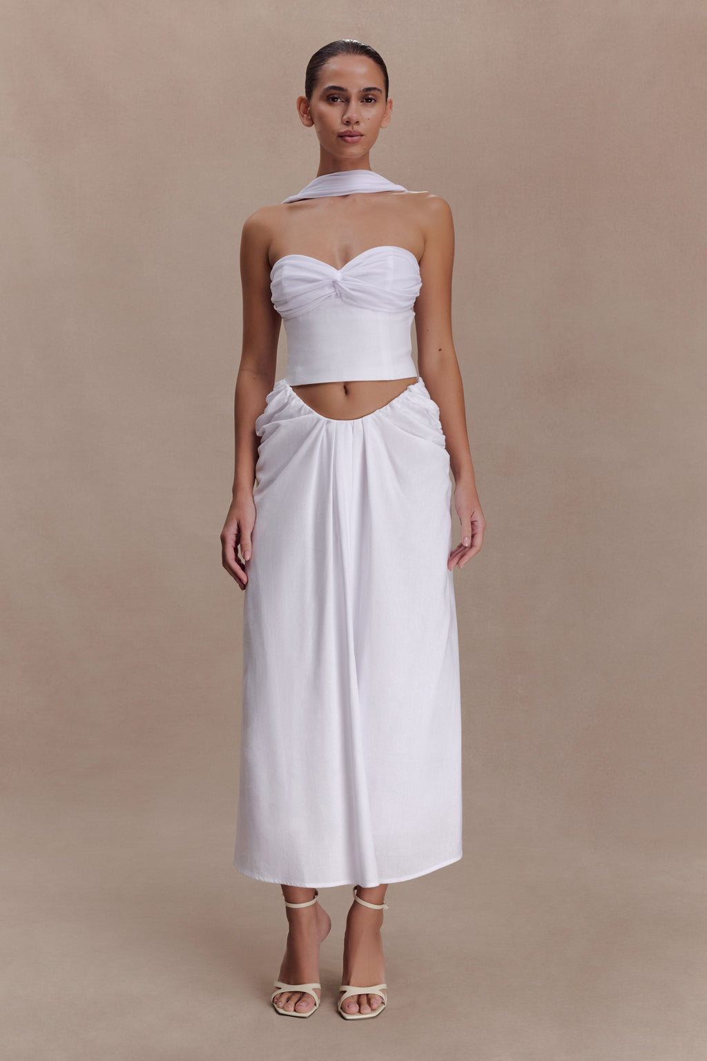Talia Draped Linen Midi Skirt - White
