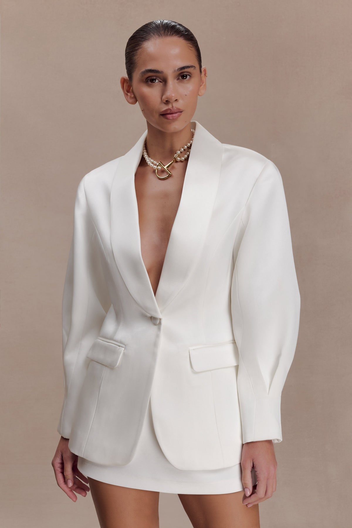 Kylie Oversized Satin Blazer - Ivory