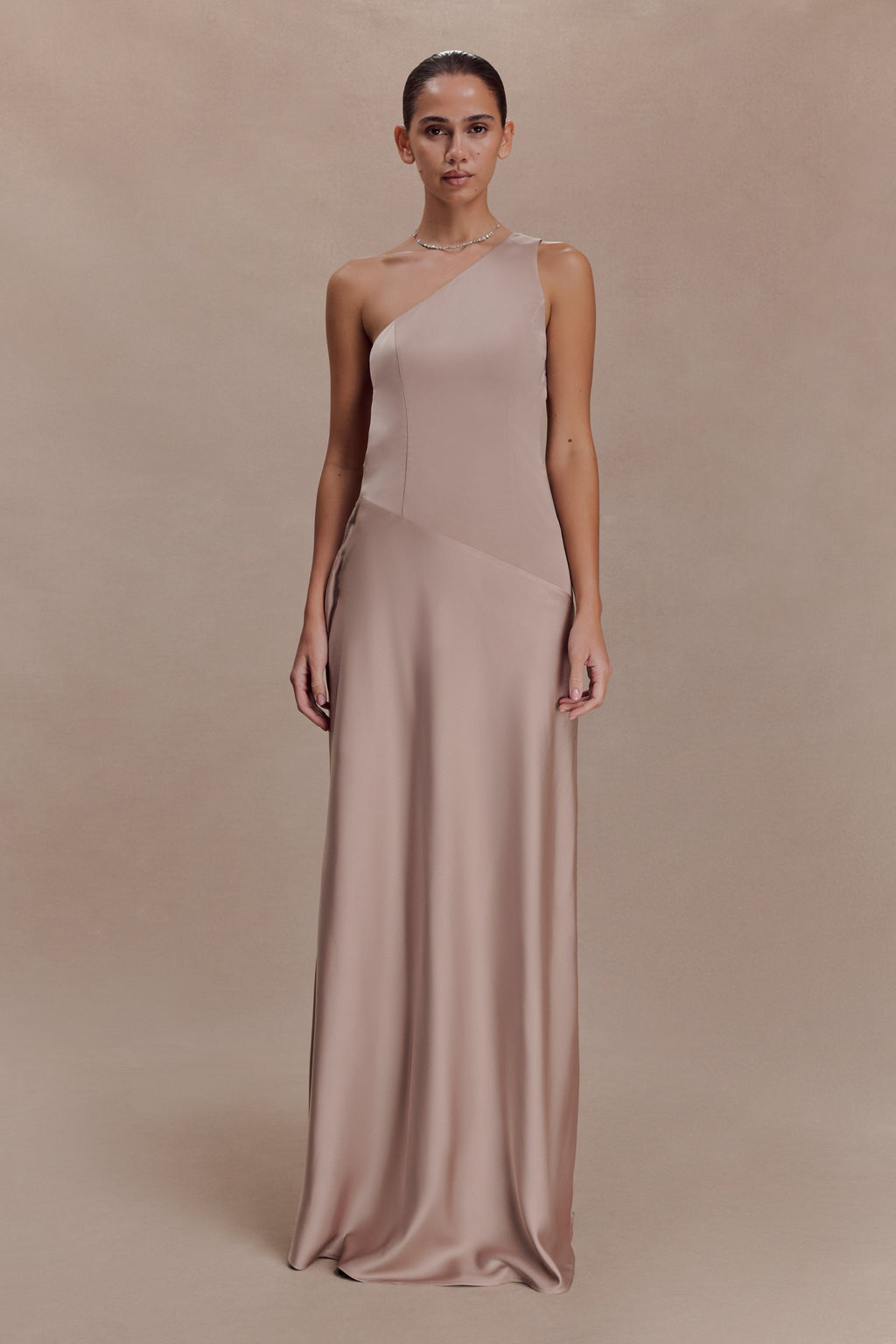 Lyla Asymmetrical Satin Maxi Dress - Bronze Taupe