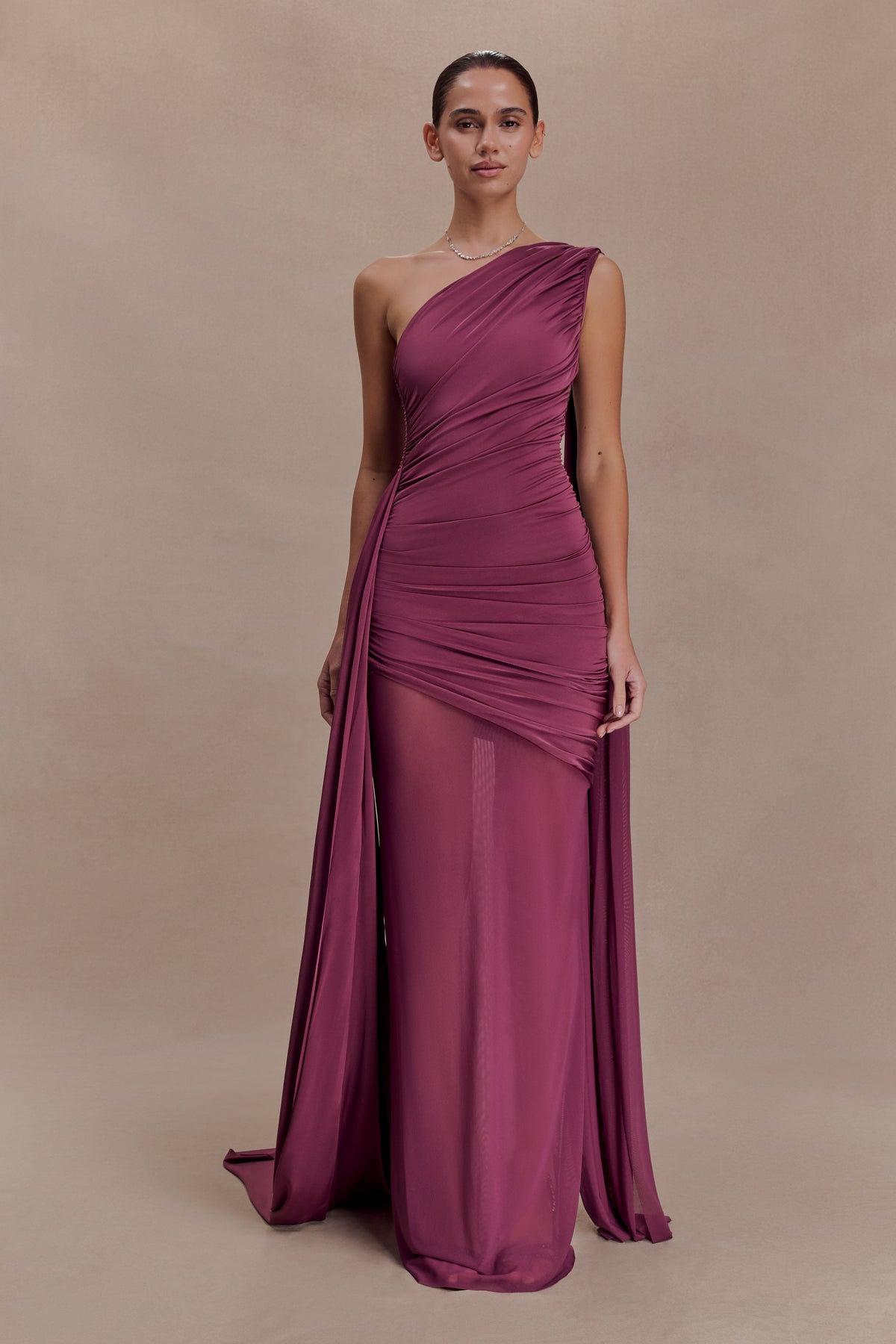 Asher Slinky One Shoulder Maxi Dress - Neutral Plum
