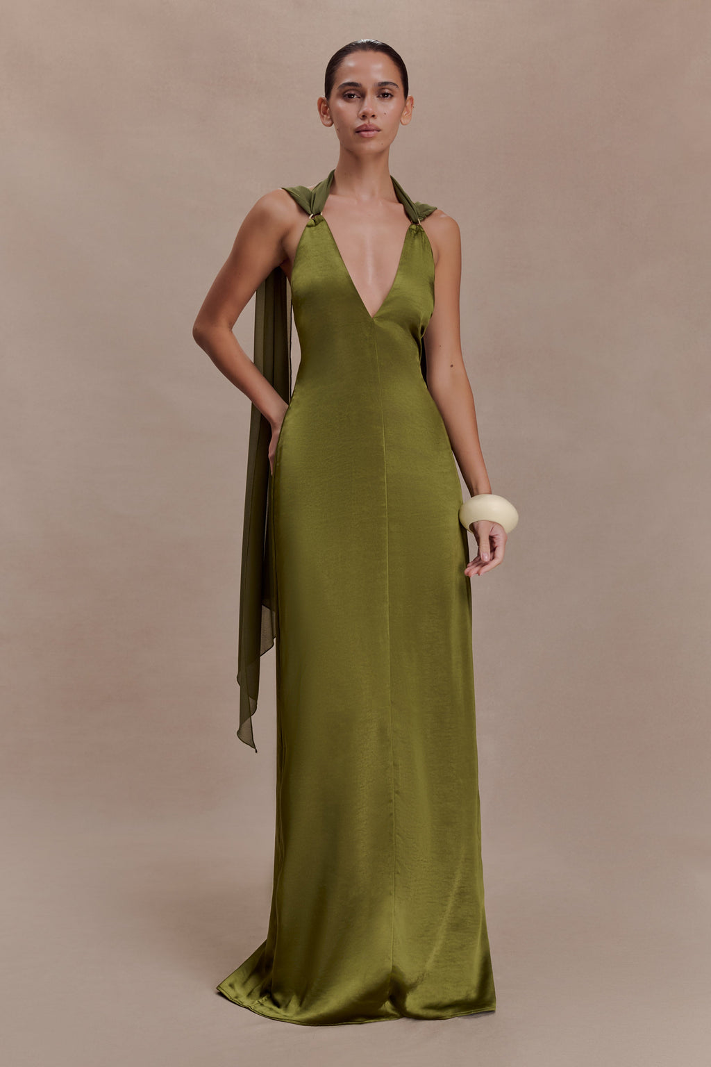 Myla Draped Shoulders Satin Maxi Dress - Khaki