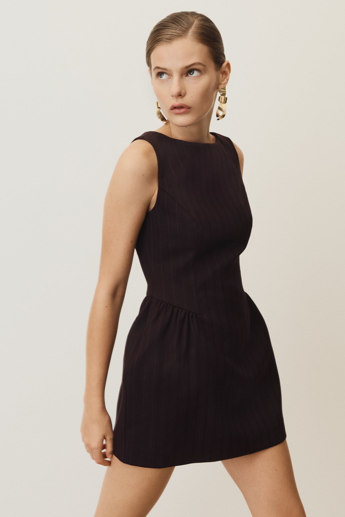 Hallie Boat Neck Mini Dress - Plum Pinstripe