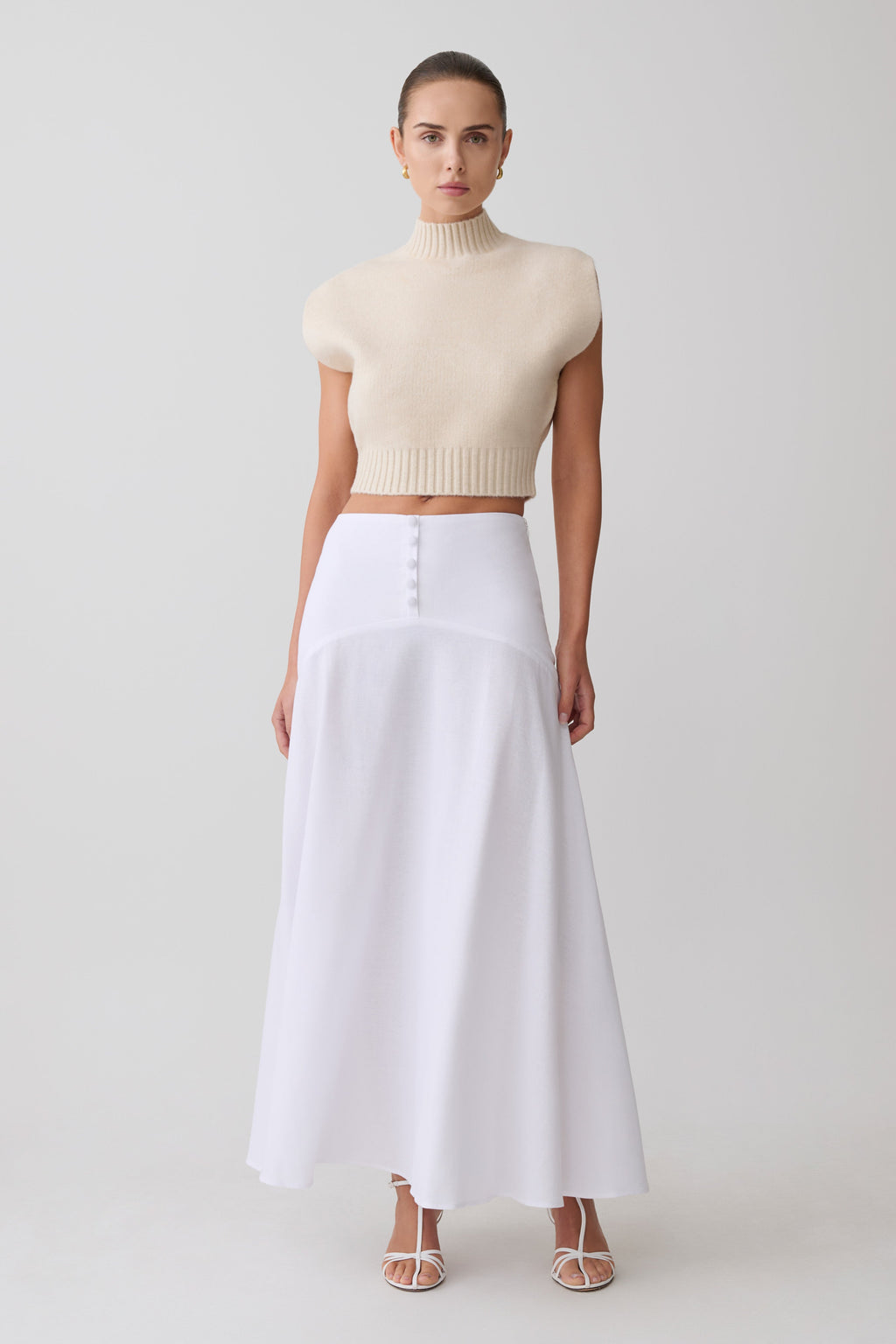 Selma Curved Waist Midi Skirt - White