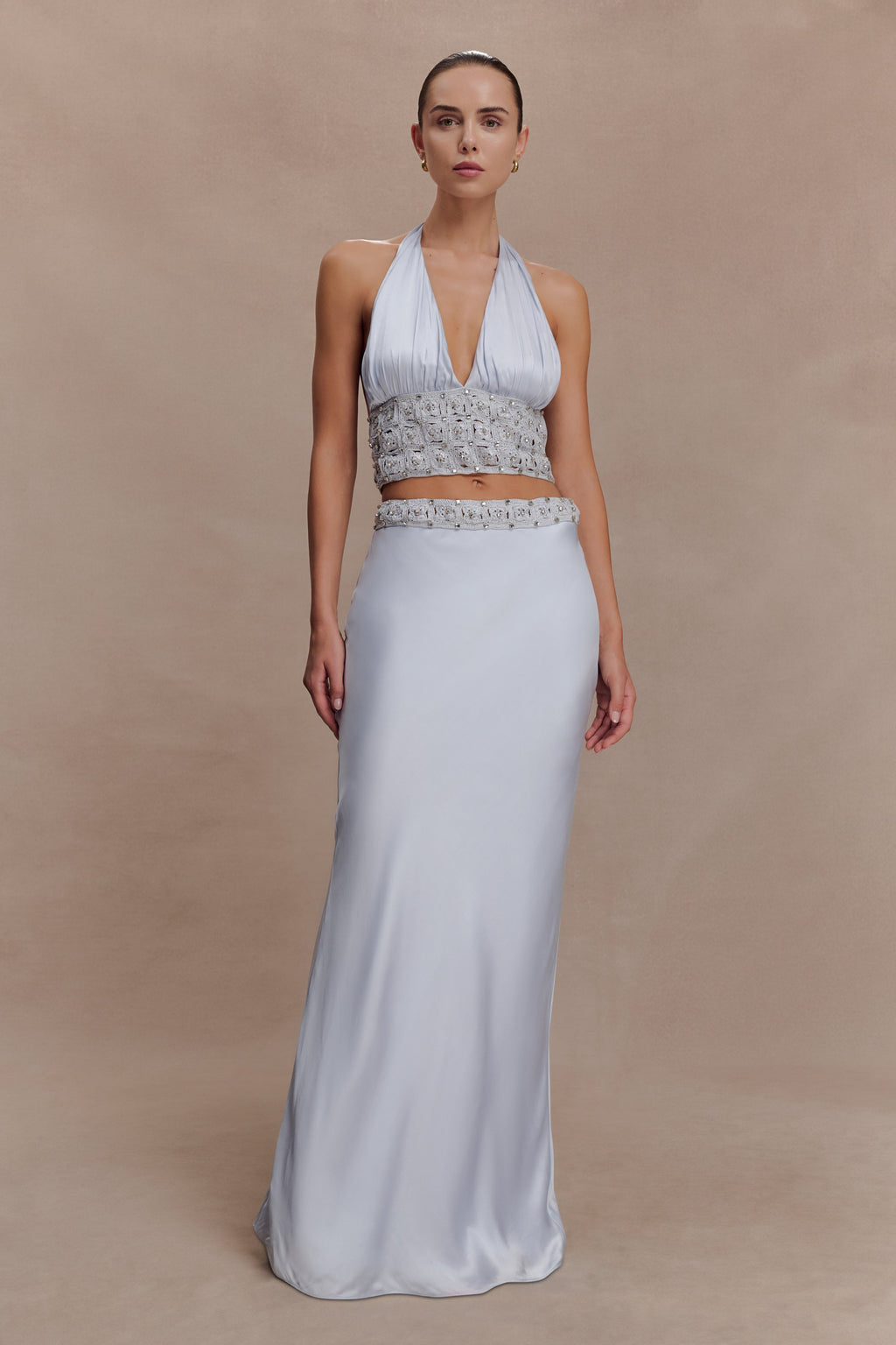 Clementine Chiffon Hand Beaded Maxi Skirt - Pale Blue