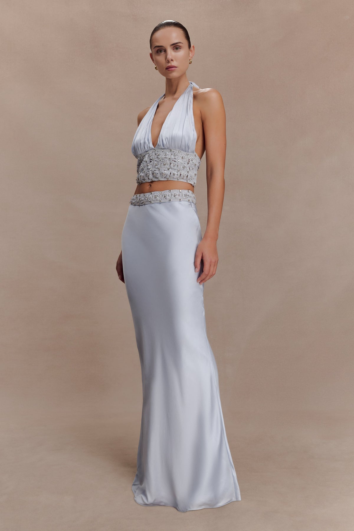 Clementine Chiffon Hand Beaded Maxi Skirt - Pale Blue
