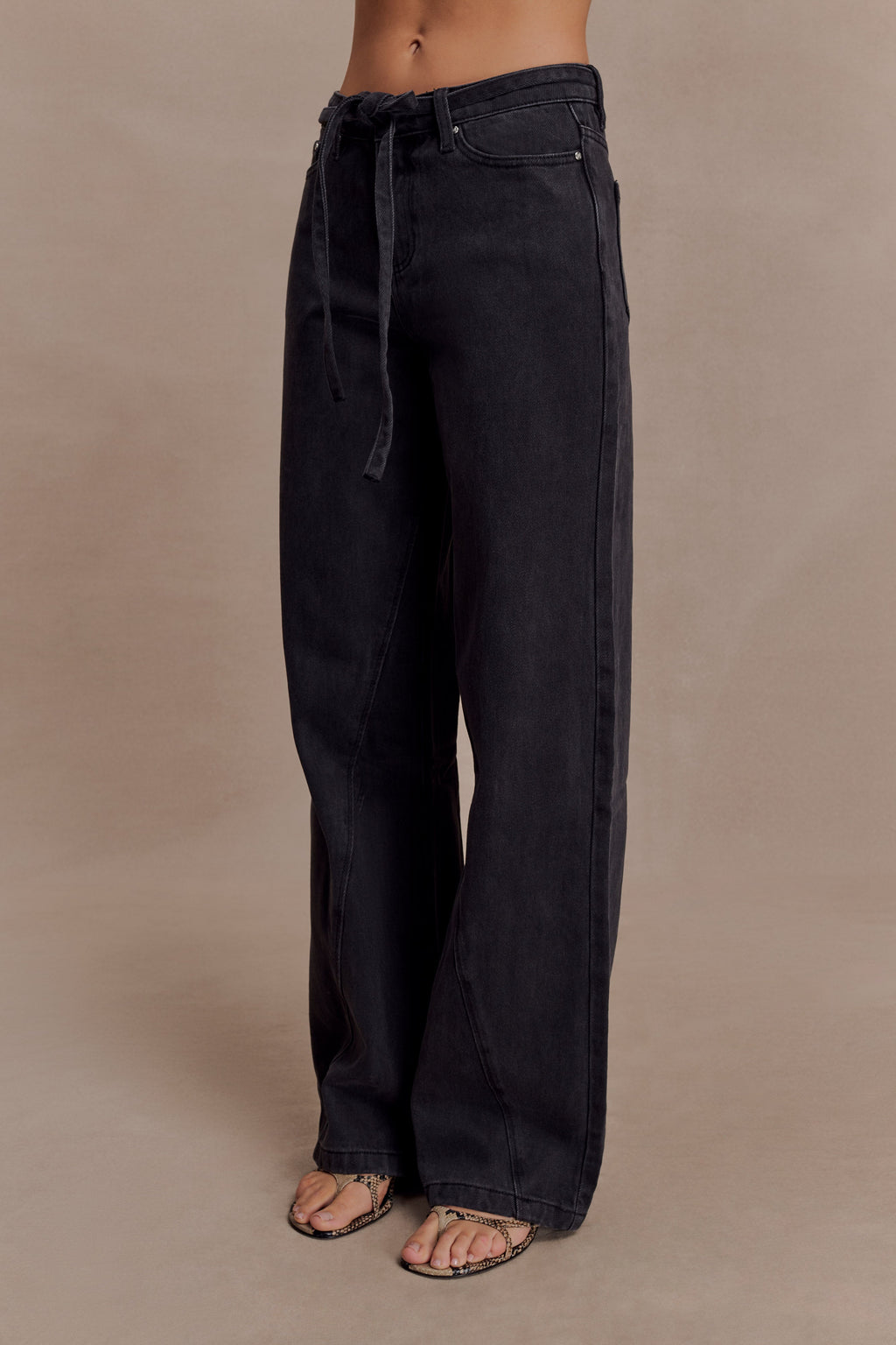 Perrie Mid Rise Straight Leg Tie Jeans - Washed Black