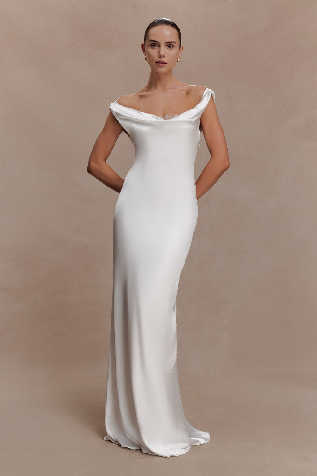 Ashley Cowl Neck Lace And Satin Maxi Dress - Ivory