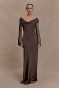 Eliza Long Sleeve Cowl Lace And Satin Maxi Dress - Mocha