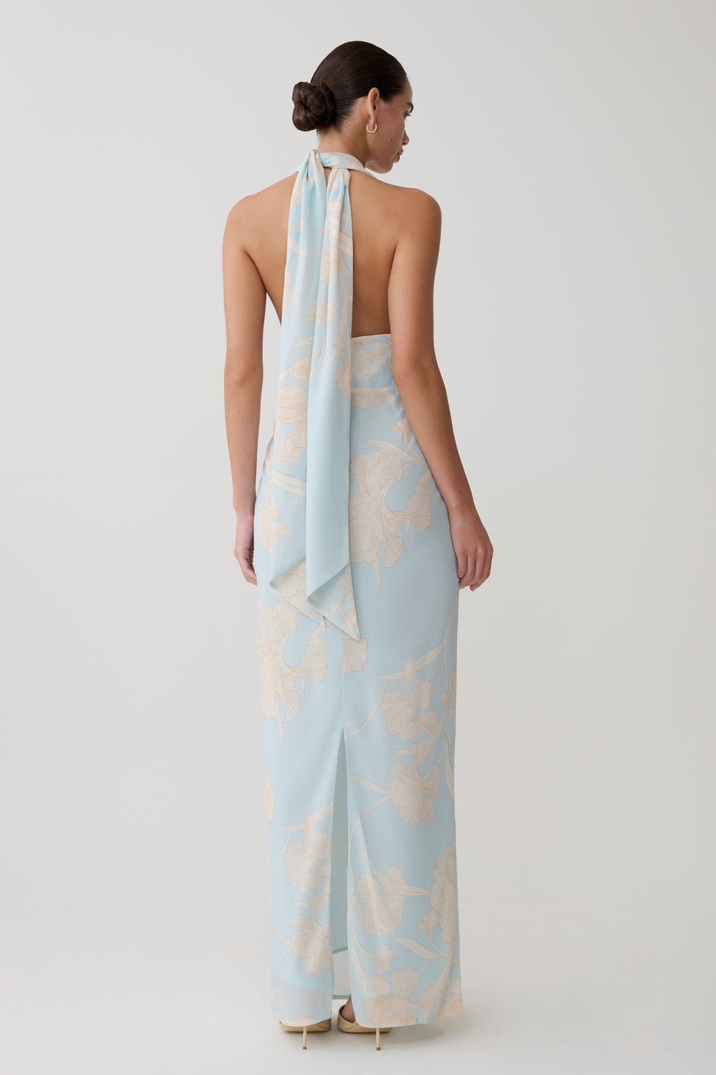 Nadine Halter Scarf Chiffon Maxi Dress - Blue Floral Print
