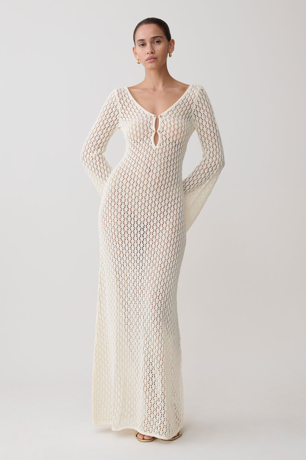 Kayleigh Crochet Fishtail Flare Sleeve Maxi Dress - White