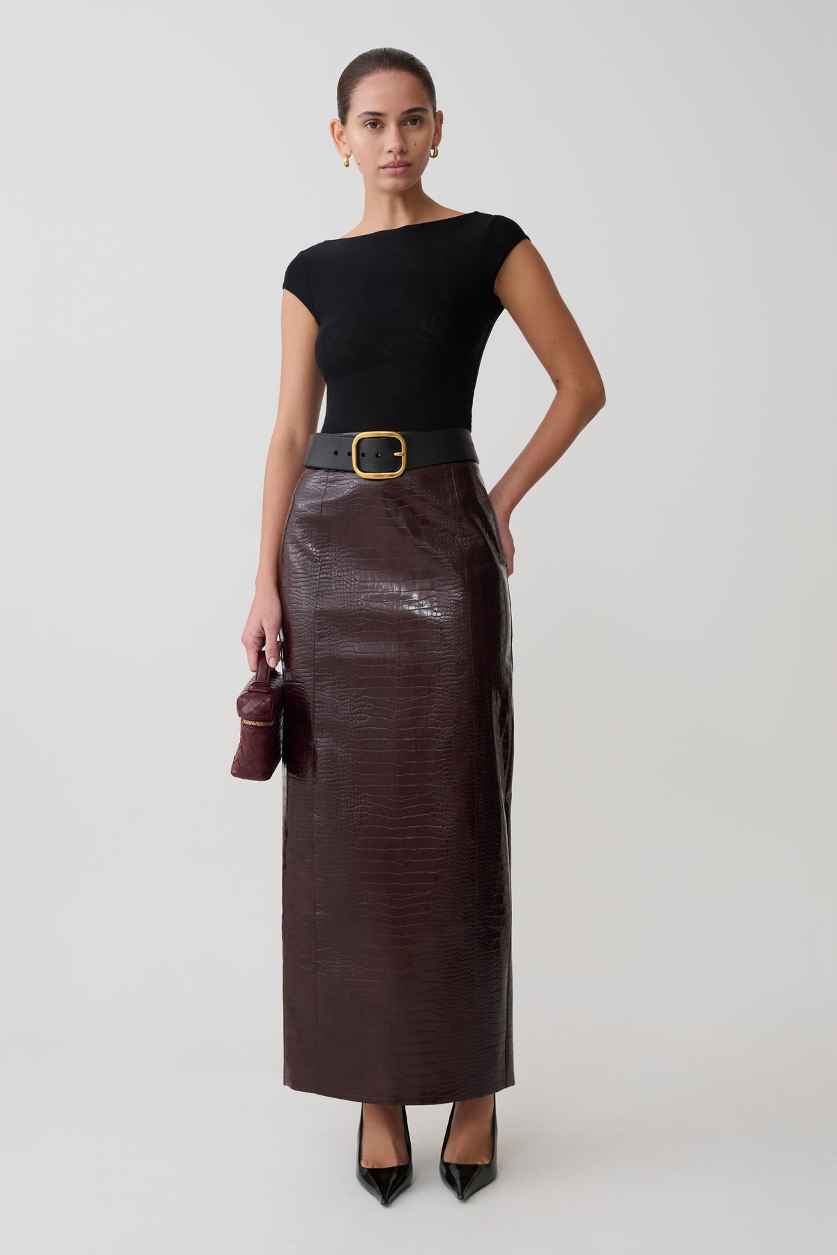 Thalia Croc Faux Leather Midi Skirt - Merlot