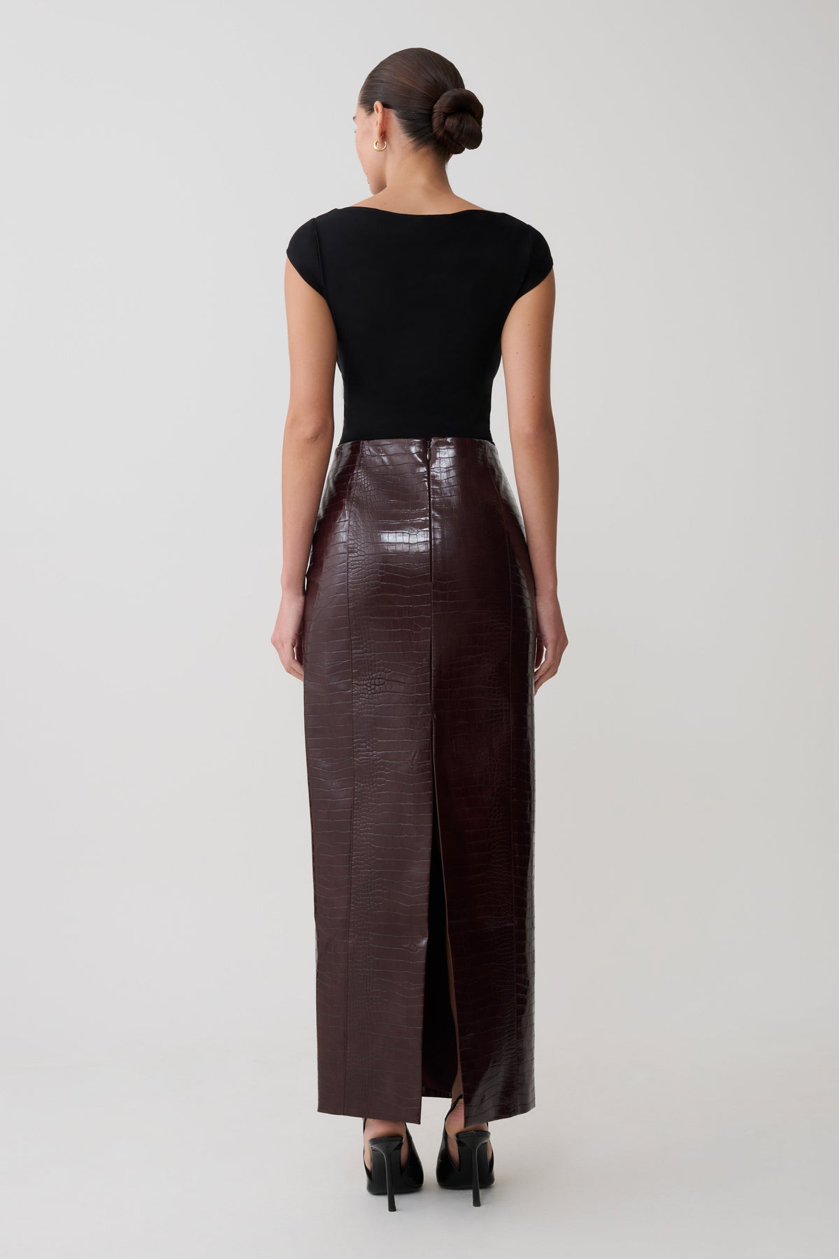 Thalia Croc Faux Leather Midi Skirt - Merlot