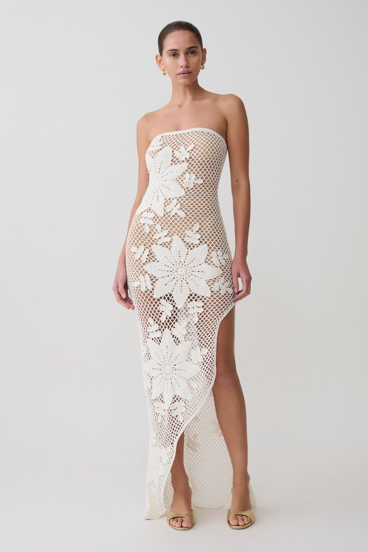Mandie Hand Crochet Asymmetrical Maxi Dress - White