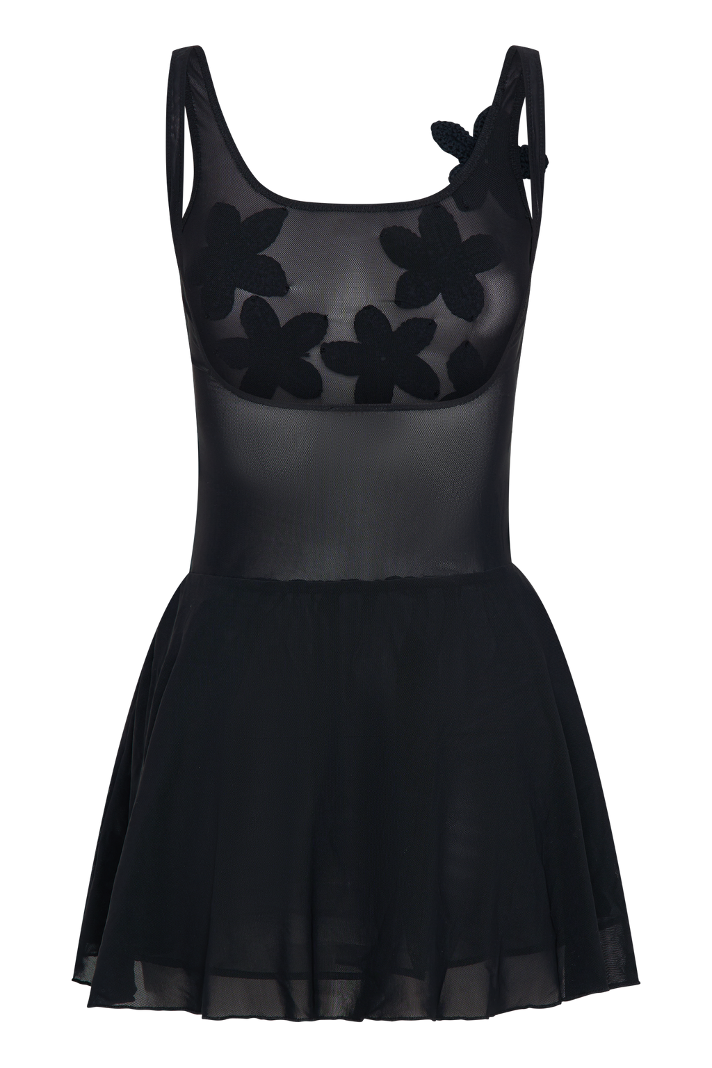 Melanie Mesh Mini Dress With Flowers - Black