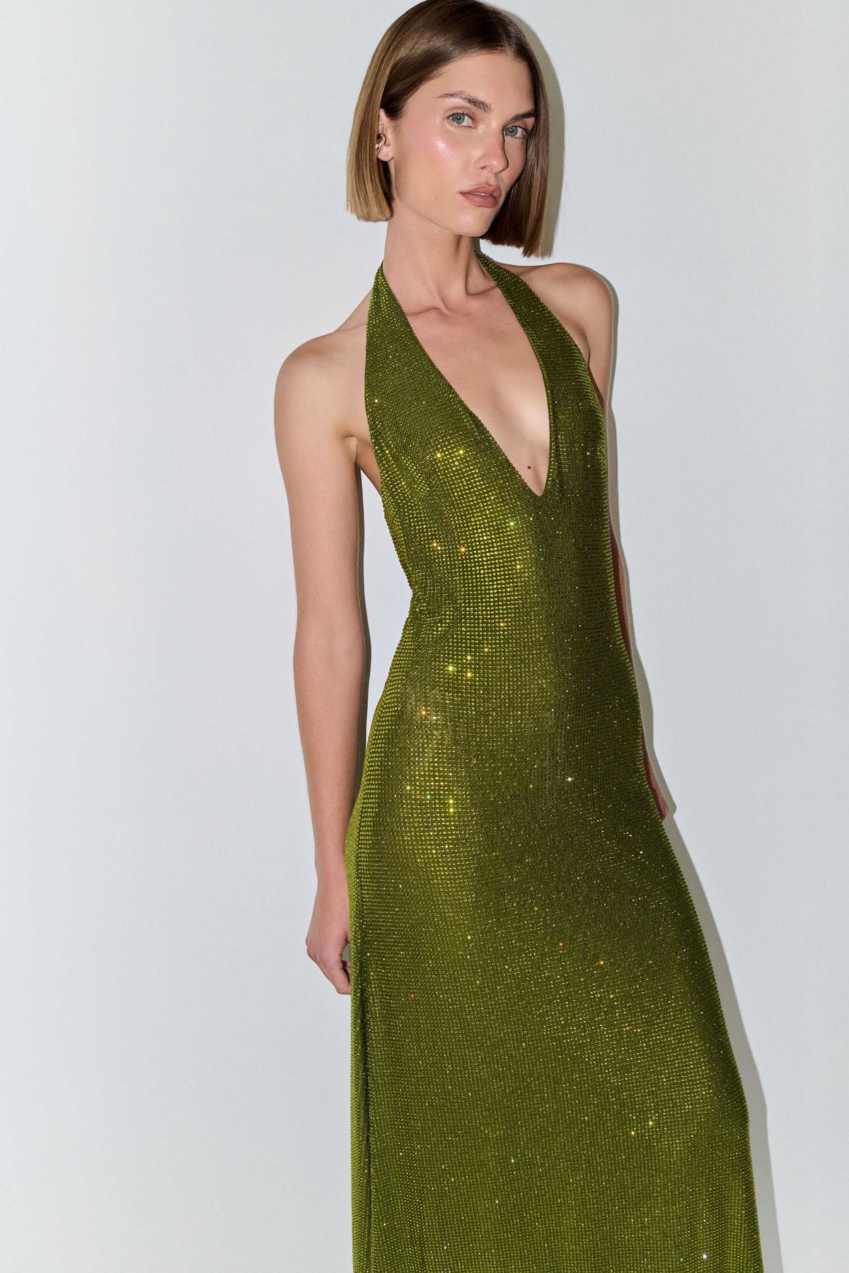 Genie Diamante Halter Midi Dress - Olive