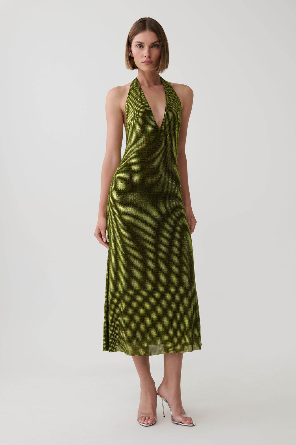 Genie Diamante Halter Midi Dress - Olive