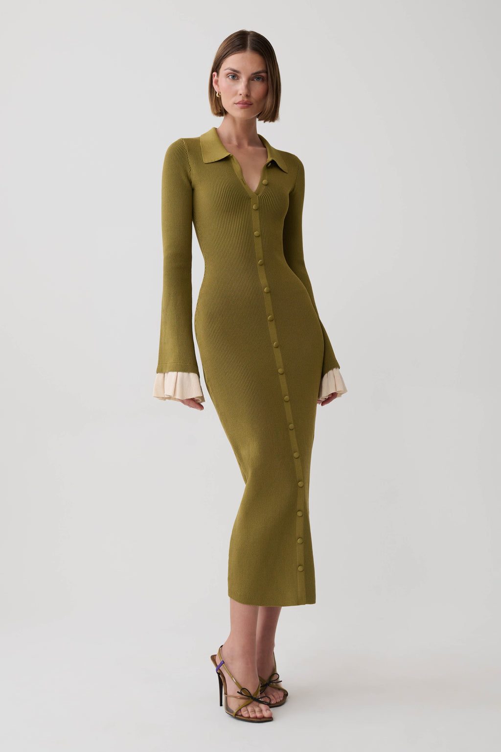 Amirose Ruffle Knit Midi Dress - Olive