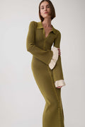 Amirose Ruffle Knit Midi Dress - Olive